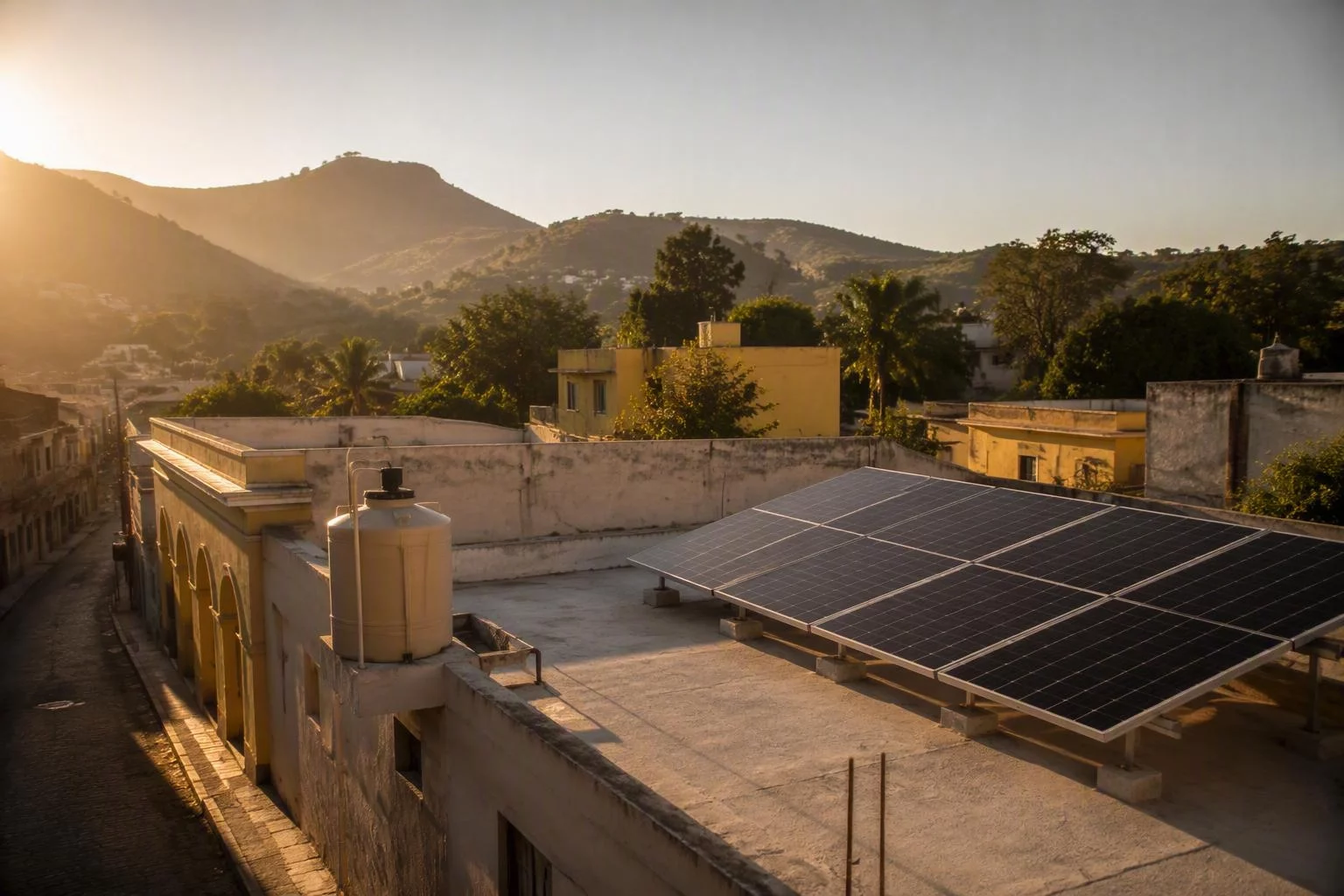 Módulos solares en una azotea al amanecer, con los cerros del pueblo detrás y sombras largas sobre el concreto